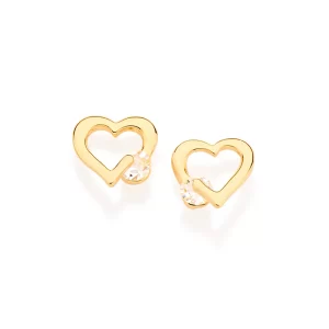Brinco banhado a ouro 18k corações com cristais