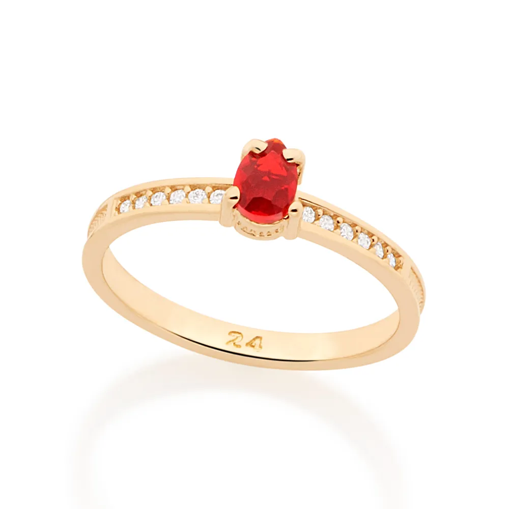 Anel solitário banhado a ouro 18k com zircônias e cristal